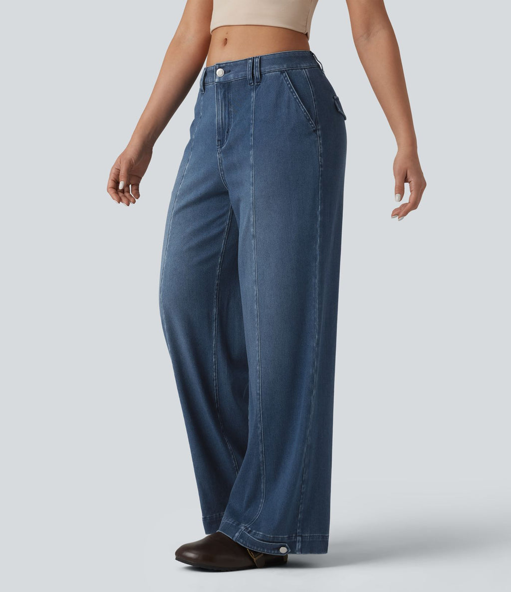 Halara Flex™ Jean large casual baggy taille mi-haute en lyocell drapé effet délavé, ourlet ajustable et poches