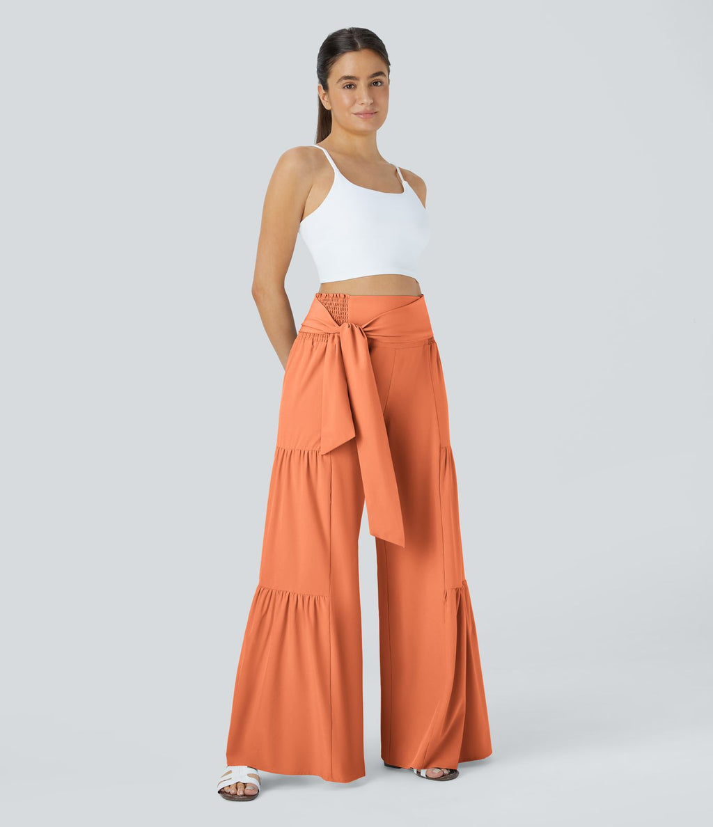 Breezeful™ Pantalon Large Casual Taille Haute Froncé à Nouer Devant et Dos Fluide Séchage Rapide