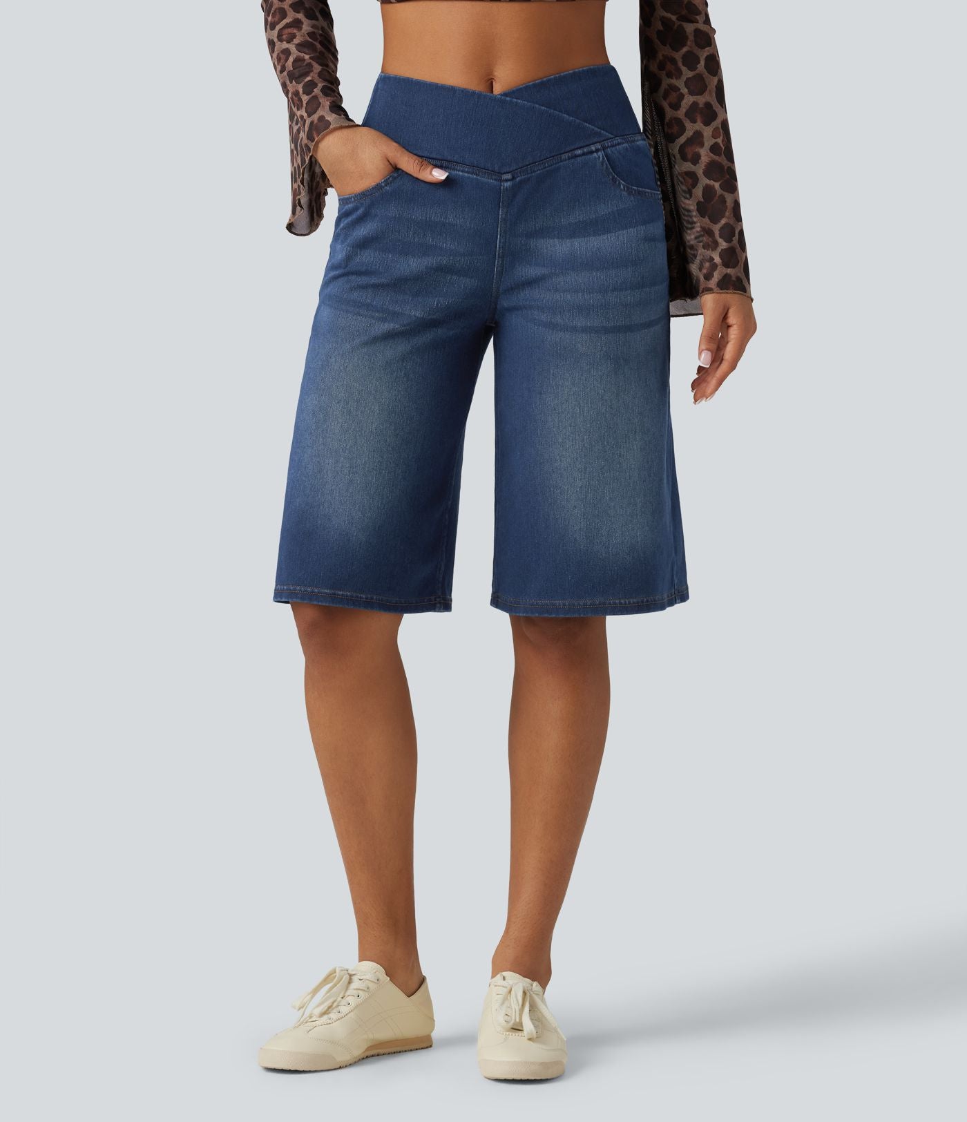 Short en jean ample Halara Flex™ taille haute croisé gainant décontracté avec poches