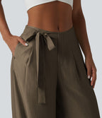 Pantalon large fluide taille haute en lin mélangé avec poches et liens latéraux