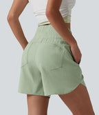 Short décontracté en lin extensible taille haute ourlet arrondi 12,5 cm avec poches