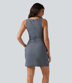 Robe mini casual sans manches col bateau à carreaux vichy, avec poches