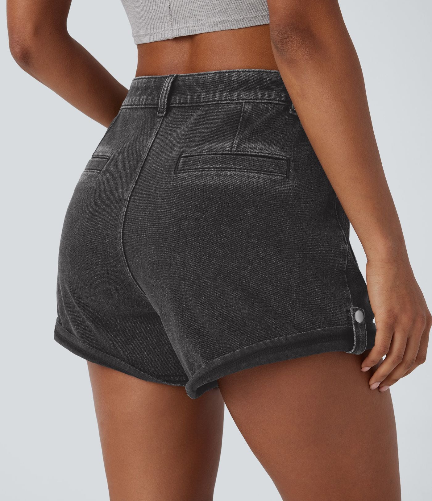 Short décontracté en jean extensible délavé Halara Flex™ taille moyenne avec revers et poches avant