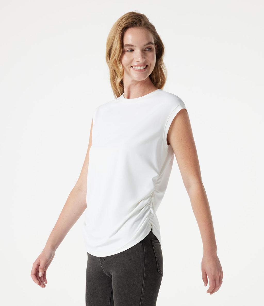 T-shirt casual froncé à col rond et manches courtes