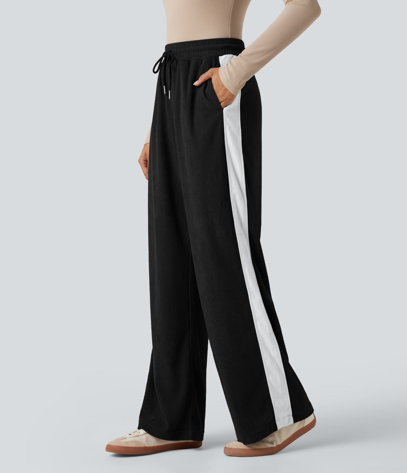 Pantalon jogging décontracté droit colorblock en velours côtelé, taille haute, avec cordon et poches