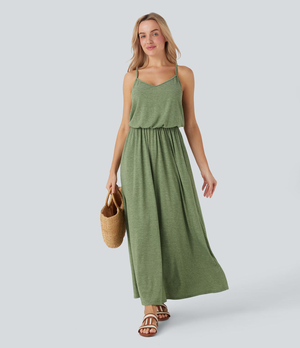 Robe longue fluide type nuisette à bretelles ajustables avec poches