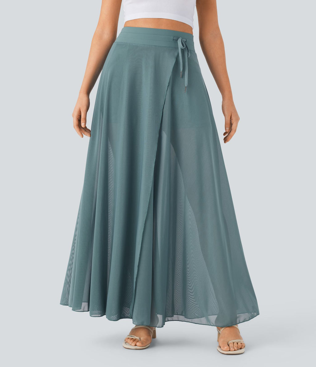 Jupe longue fluide 2-en-1 taille haute avec empiècements en résille