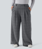 Pantalon décontracté grande taille large taille haute à carreaux pied-de-poule avec poches