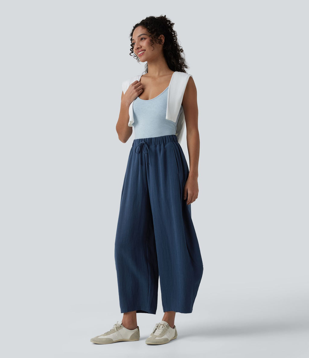 Pantalon décontracté effet lin jambes ballon taille haute avec cordon de serrage et poches