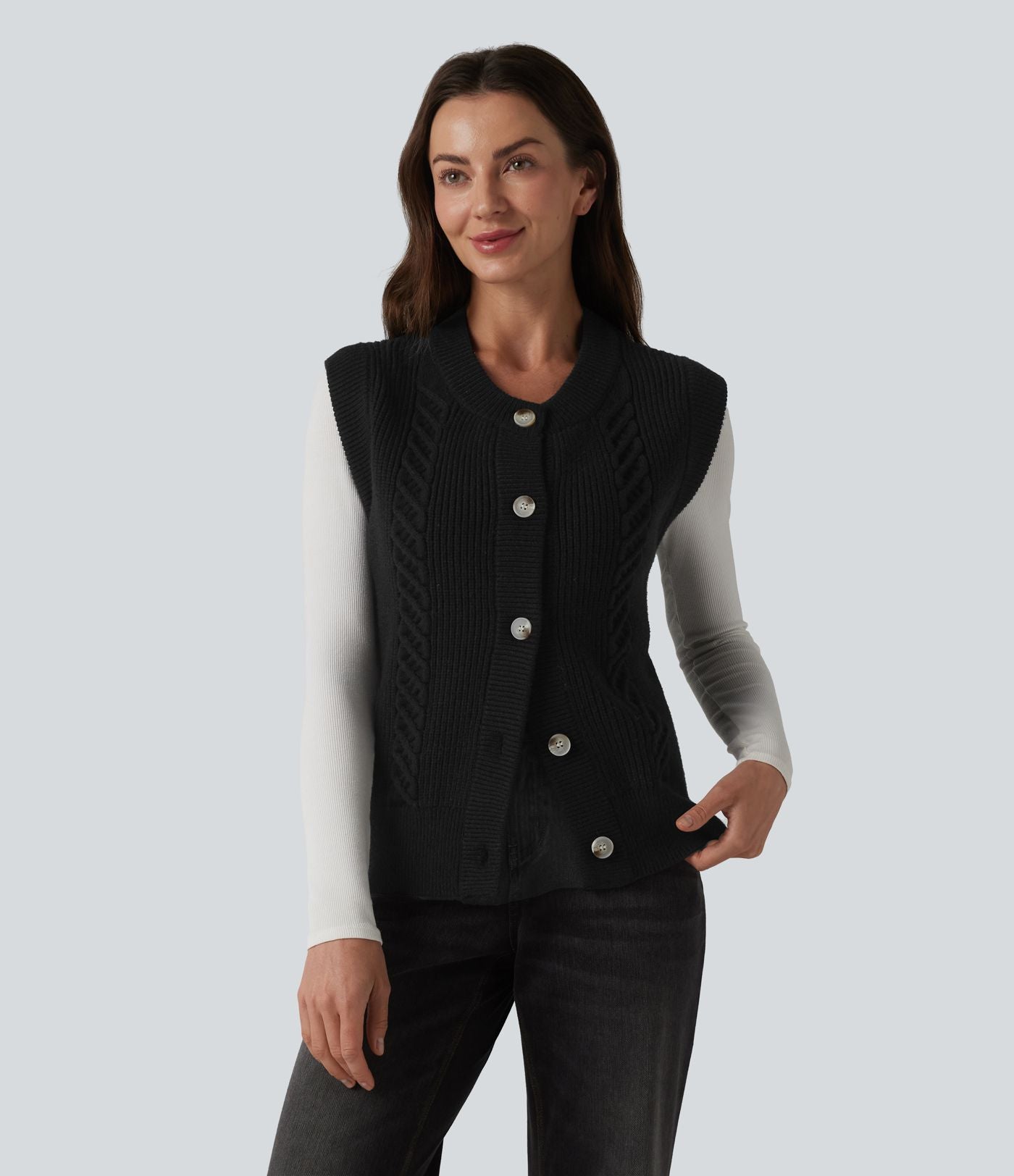 Gilet casual col rond ourlet fendu boutonnage devant