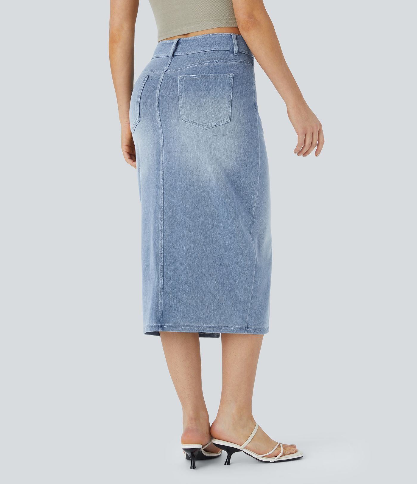 Halara Flex™ Jupe en Jean Casual Mi-Longue Délavé Extensible Plusieurs Poches Taille Haute