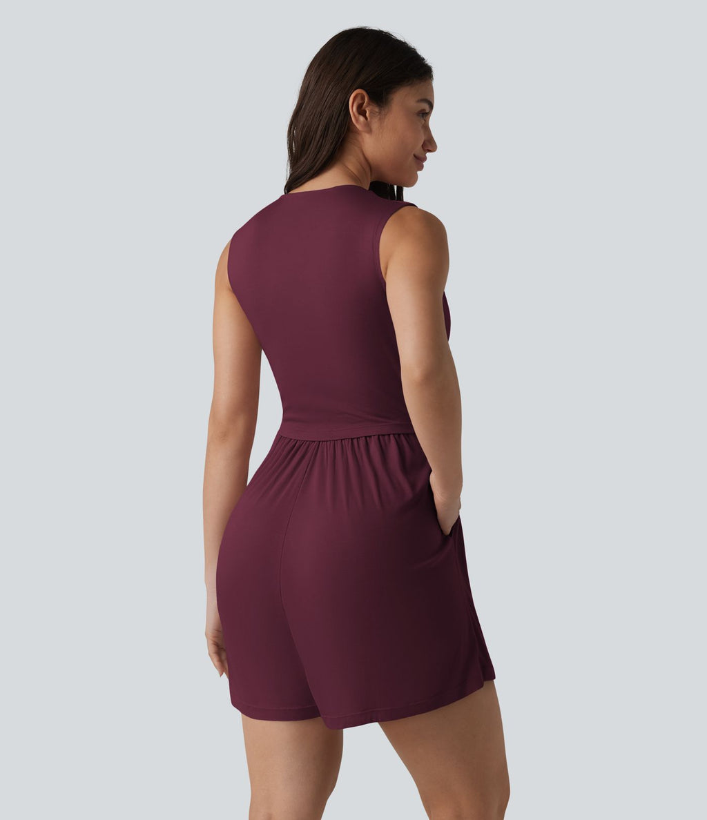 Combishort casual côtelé sans manches col V, fronces et soutien-gorge intégré, avec poches – Easy Peasy