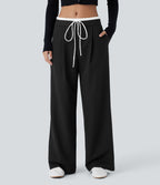 Pantalon décontracté jambe large bicolore double épaisseur, taille basse avec poches latérales