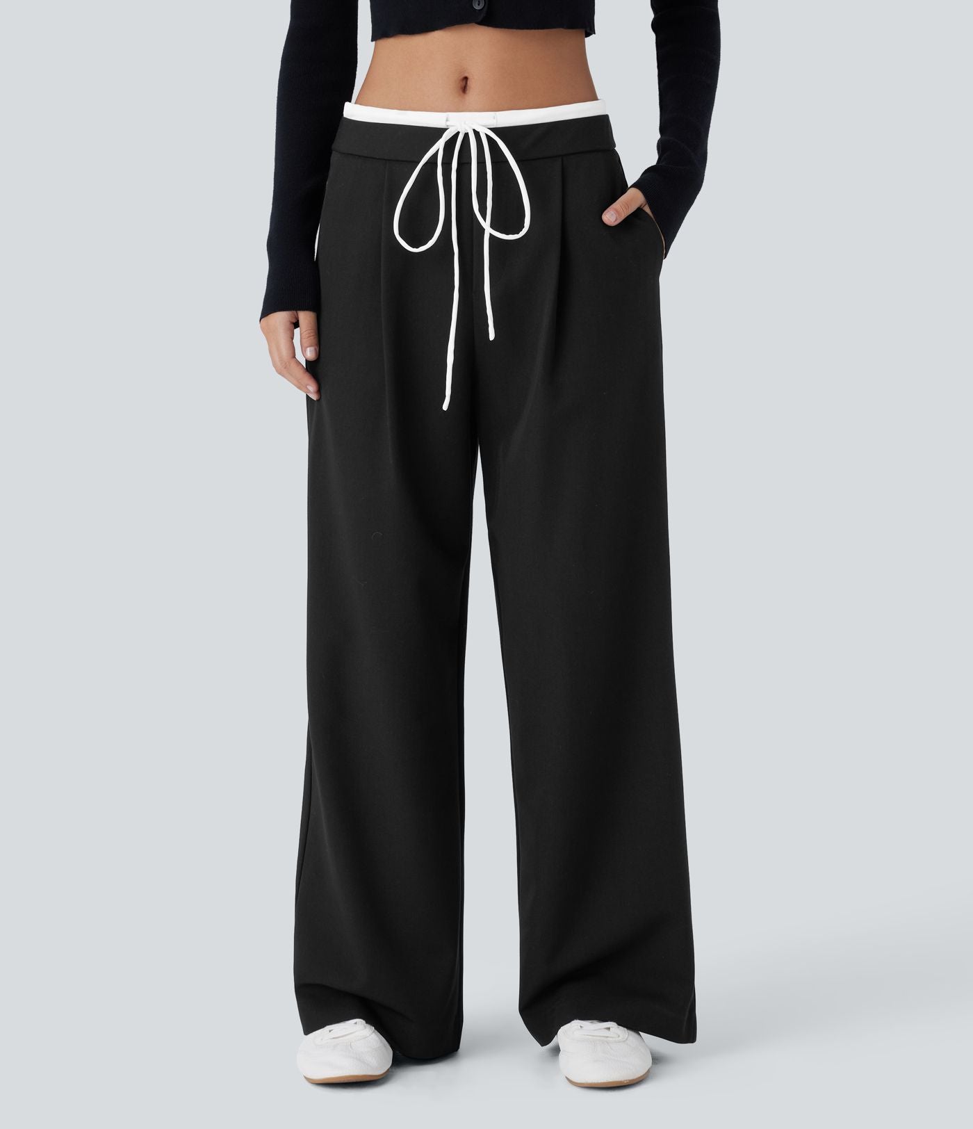 Pantalon décontracté jambe large bicolore double épaisseur, taille basse avec poches latérales