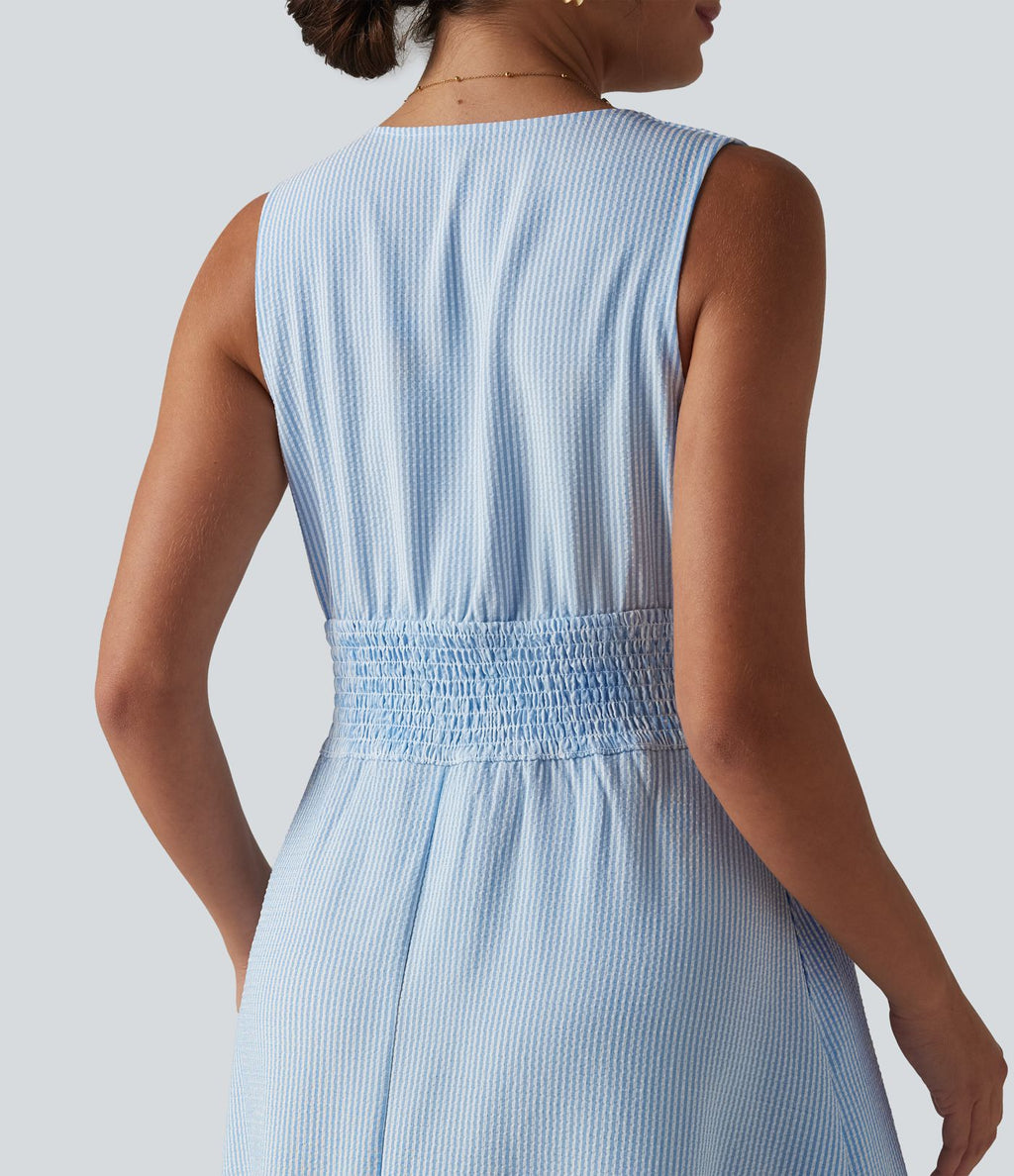 Robe midi rayée sans manches à col en V et poches