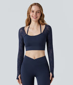 Top yoga court SoftlyZero™ dentelle contrastante dos nu manches longues avec trous pouces