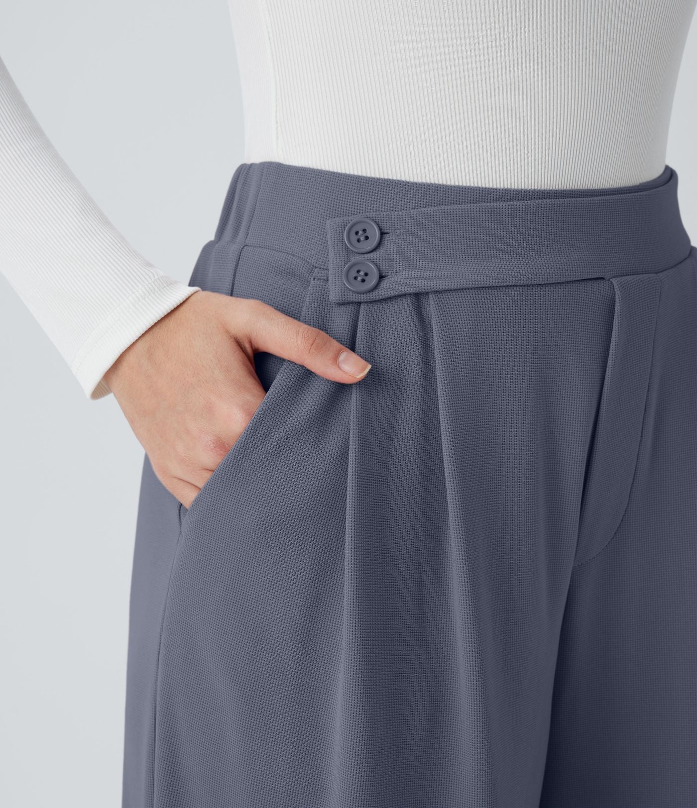 Pantalon taille haute décontracté large en maille gaufrée, avec poches