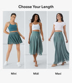 Jupe Casual Évasée Fluide 2 en 1 en Maille Contrastée Taille Haute Cordon de Serrage Poche Latérale