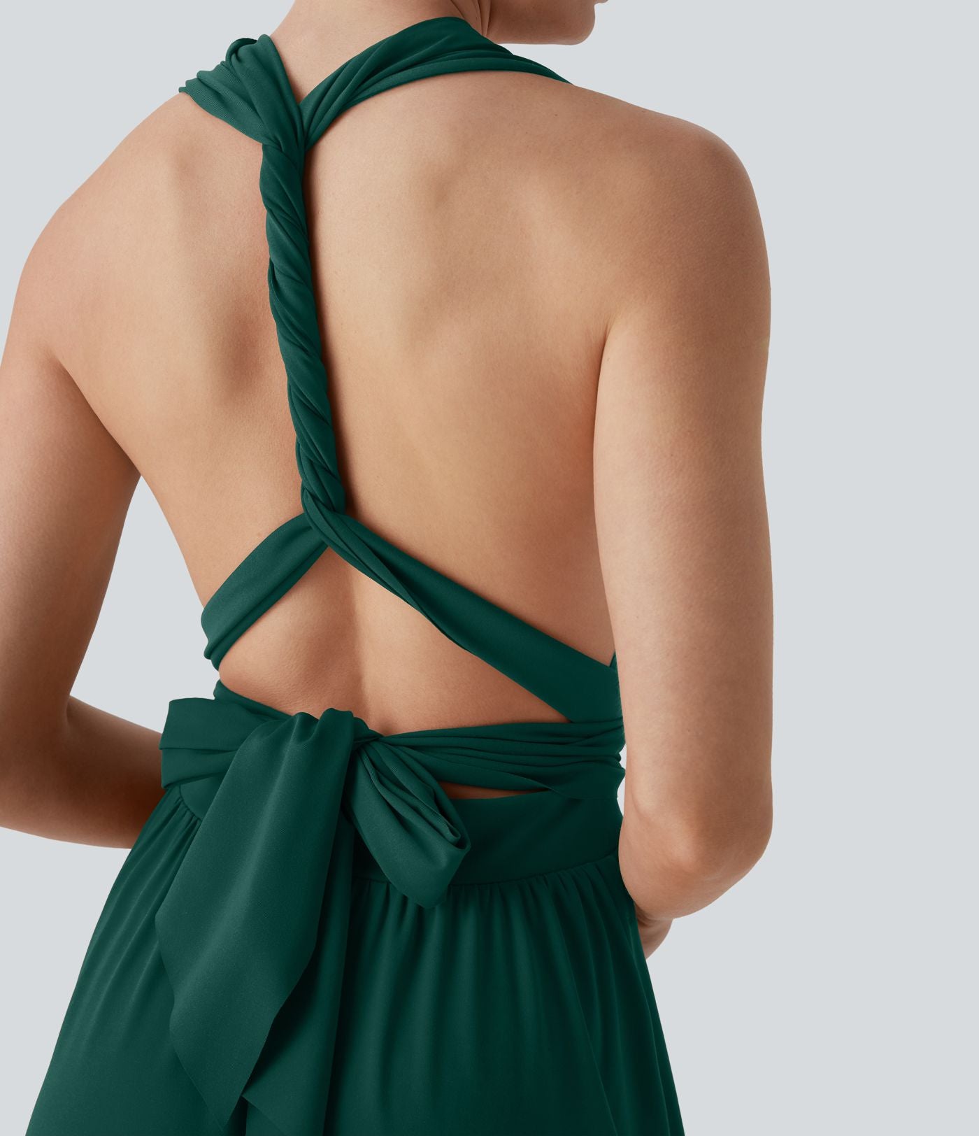 Robe longue de soirée col V, manches courtes, dos croisé à nouer, fendue avec poche latérale