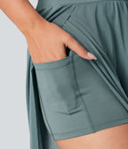 Pantalon Yoga 2 en 1 à Taille Haute avec Cordon de Serrage Maille Contrastée Fendu Poche Latérale et Jambes Amples et Fluides