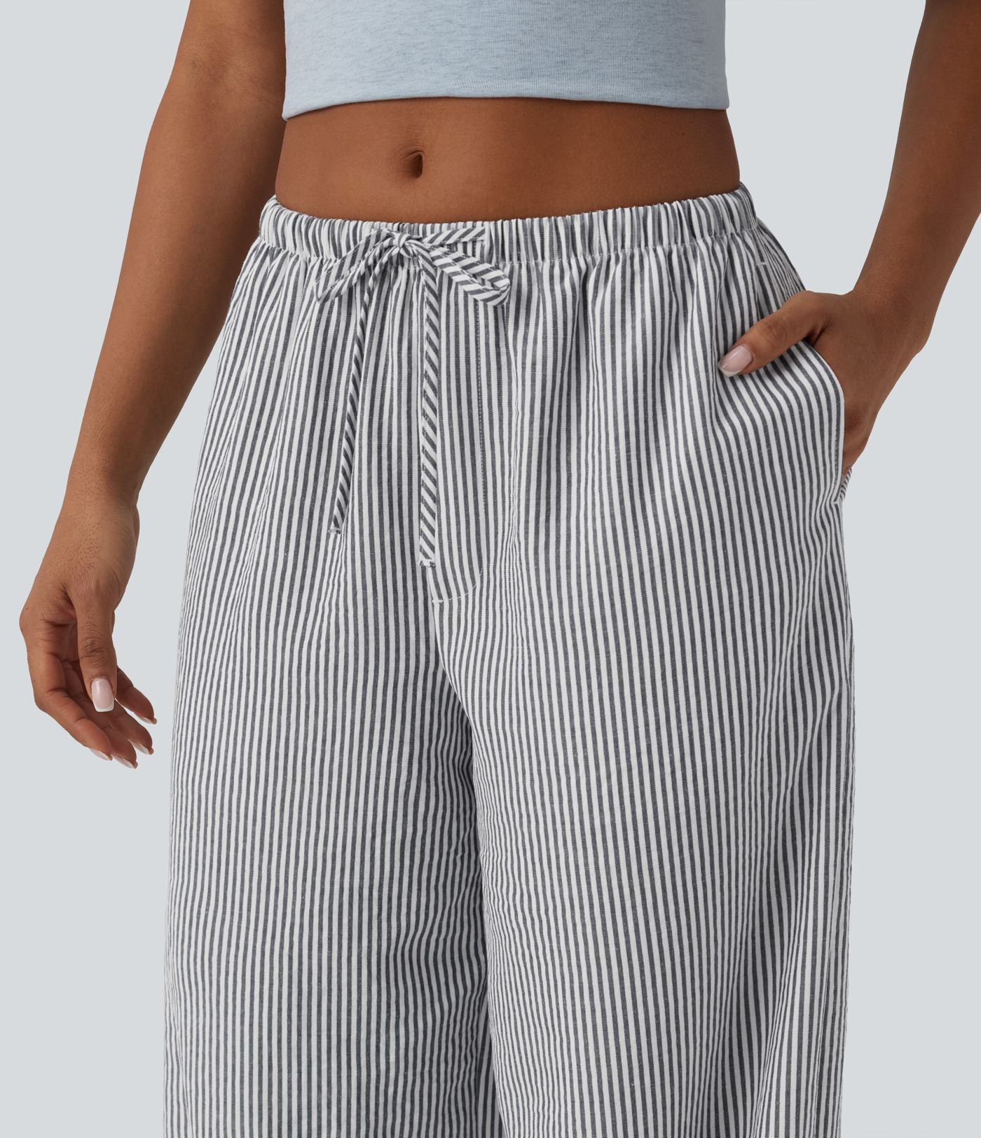 Pantalon large casual taille basse aspect lin rayures avec cordon de serrage et poches