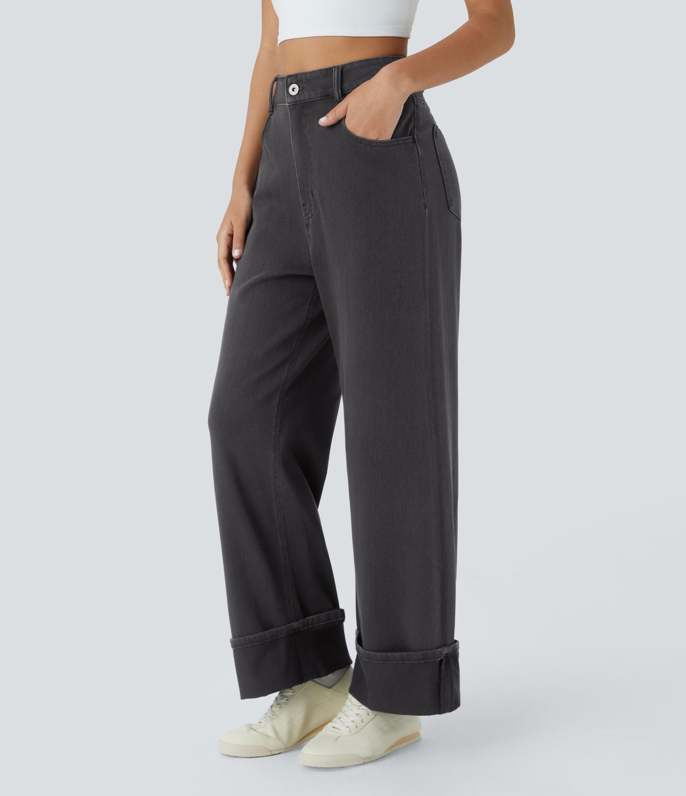 Jean décontracté Halara Flex™ effet chevron taille haute, jambes larges, ourlet roulotté et poches multiples