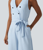 Combinaison tailleur sans manches à col V, ceinturée, avec zip invisible, rayures et effet frais avec poches, accès facile Easy Peasy