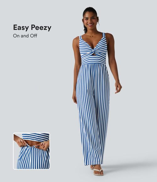Combinaison casual sans manches à rayures en nid d'abeille torsadée froncée fermeture éclair invisible avec soutien-gorge intégré et poches - Easy Peasy