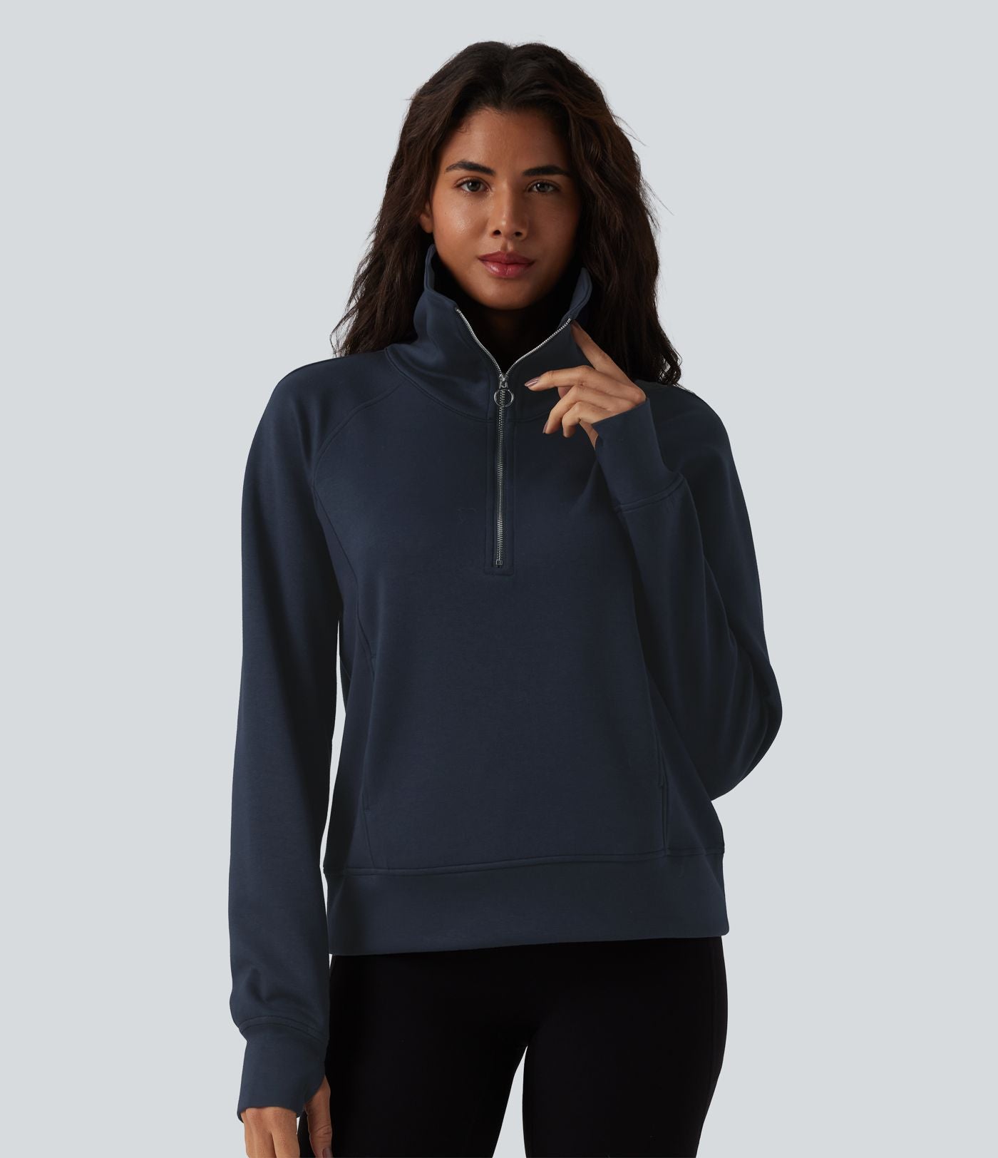 Sweat-shirt décontracté col revers demi-zip manches longues avec trous pour pouces et poches