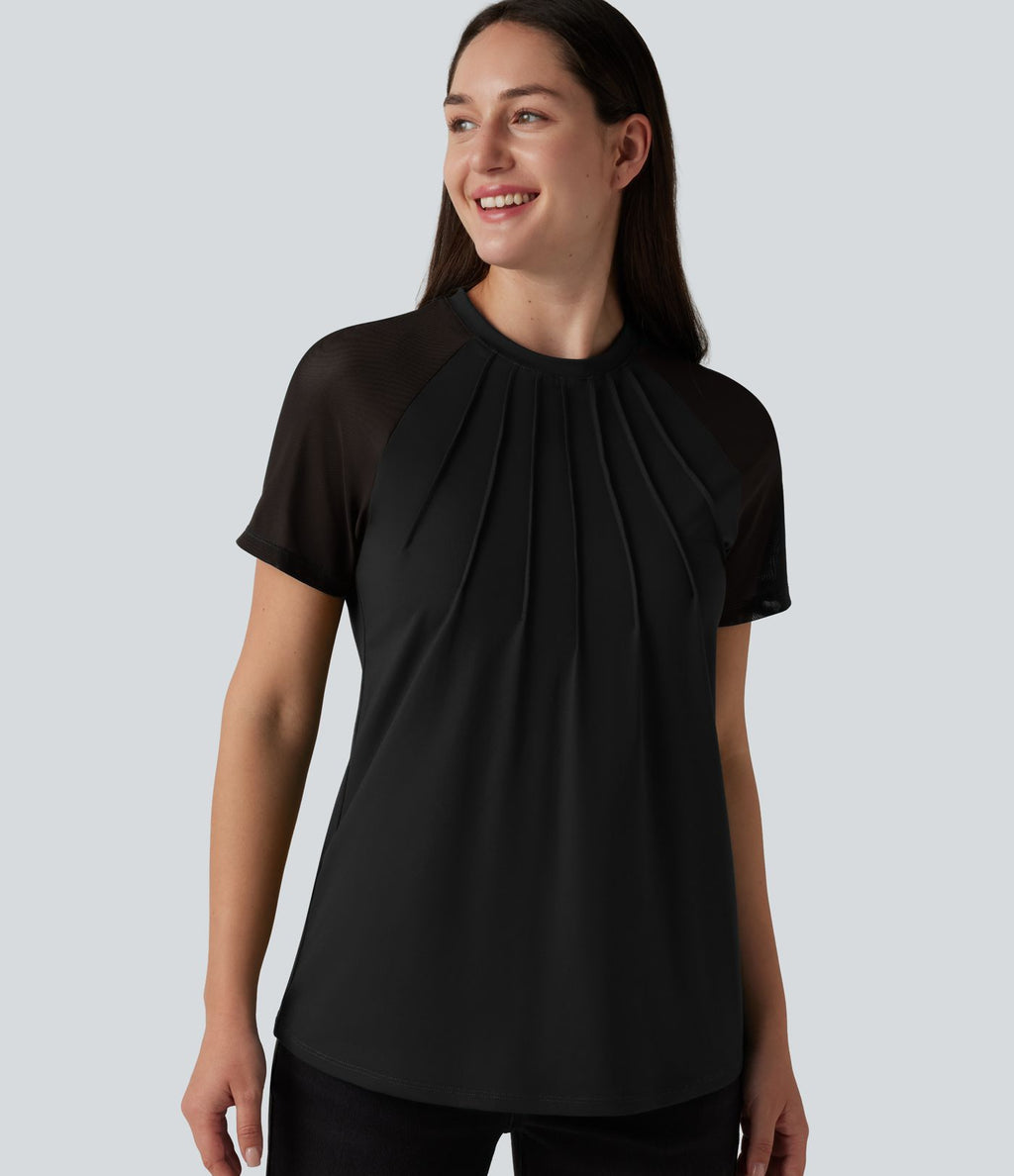 Blouse décontractée col rond manches raglan courtes avec empiècement en mesh contrasté