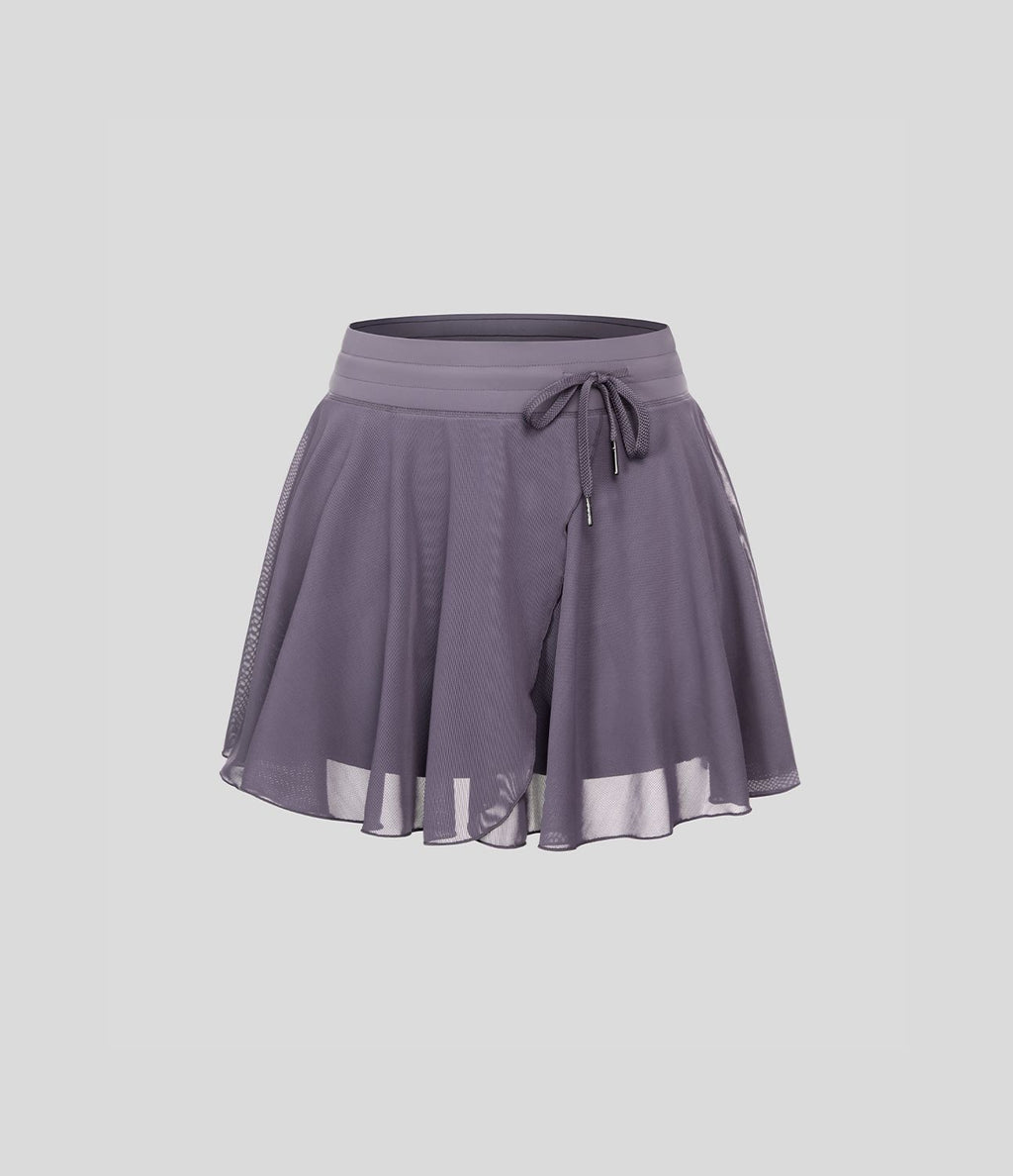 Jupe Casual Évasée Fluide 2 en 1 en Maille Contrastée Taille Haute Cordon de Serrage Poche Latérale