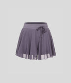 Jupe Casual Évasée Fluide 2 en 1 en Maille Contrastée Taille Haute Cordon de Serrage Poche Latérale