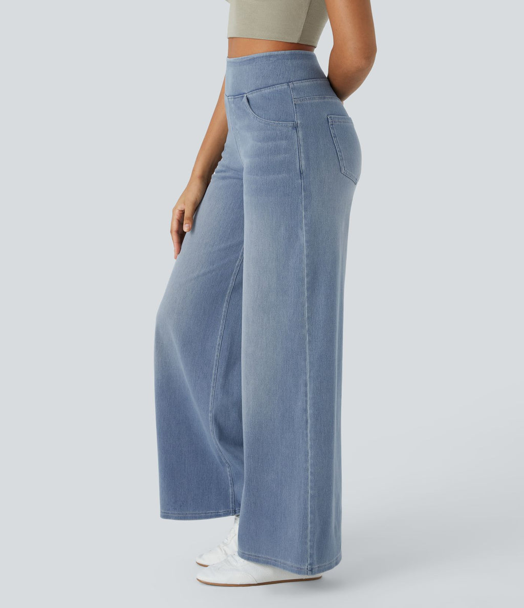 Halara Flex™ Jean Large Casual Taille Haute Poches Multiples Tricot Extensible Délavé