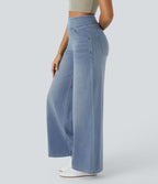 Halara Flex™ Jean Large Casual Taille Haute Poches Multiples Tricot Extensible Délavé
