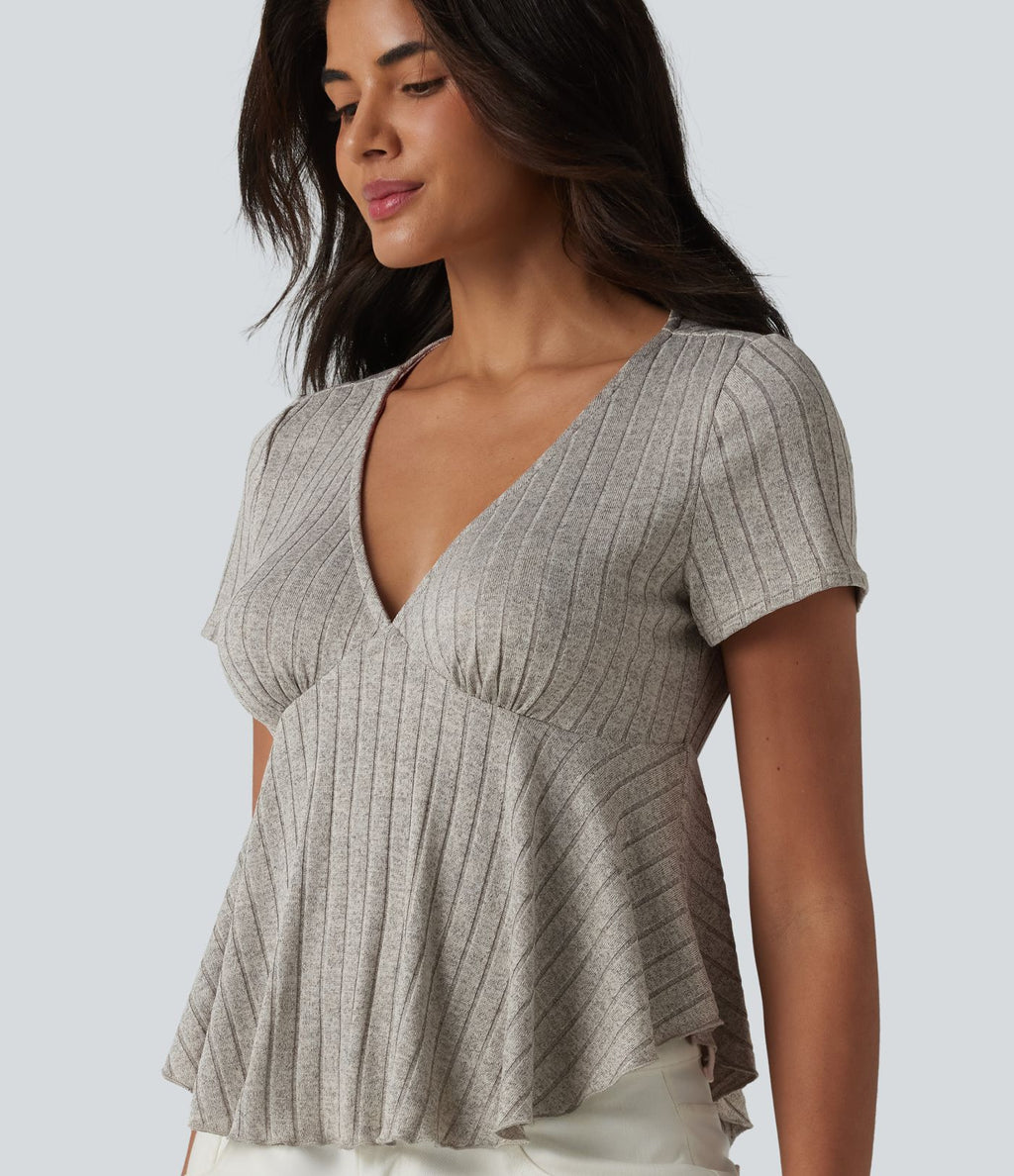 T-shirt casual babydoll en maille côtelée à col V, manches courtes et ourlet à volants