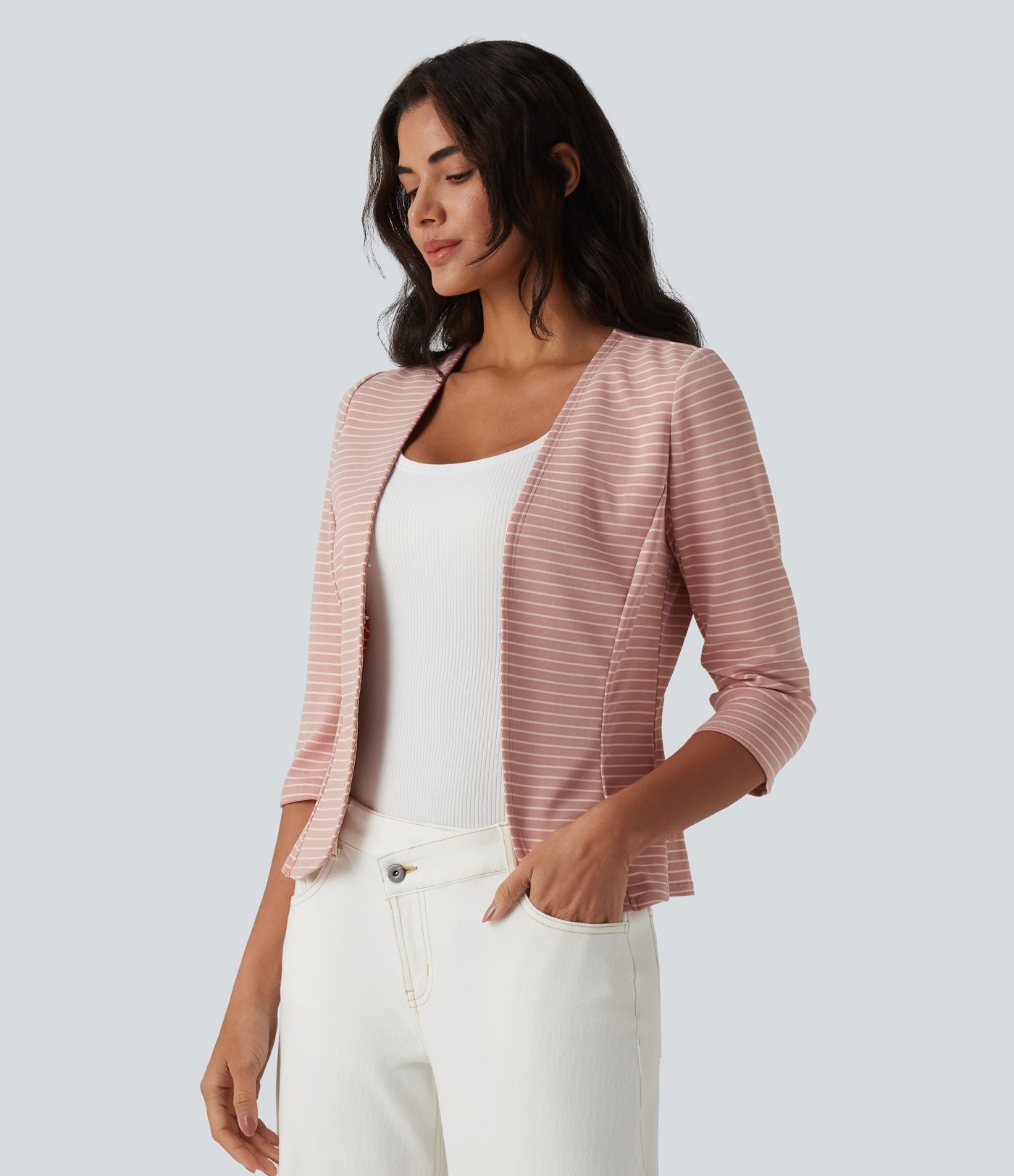 Blazer casual ouvert col V manches 3/4 à rayures en maille côtelée
