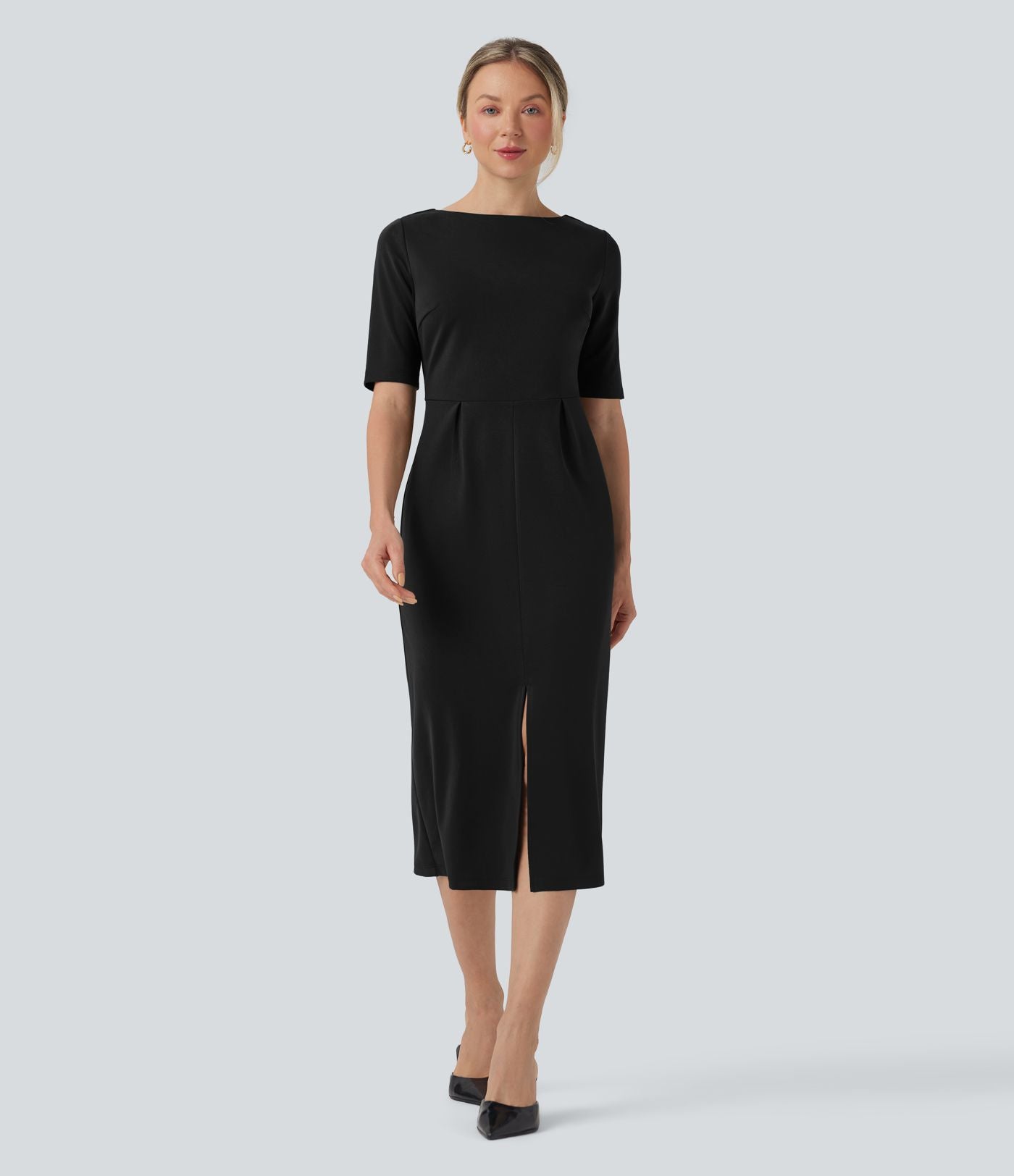 Robe tailleur décolleté arrondi manches courtes avec fente