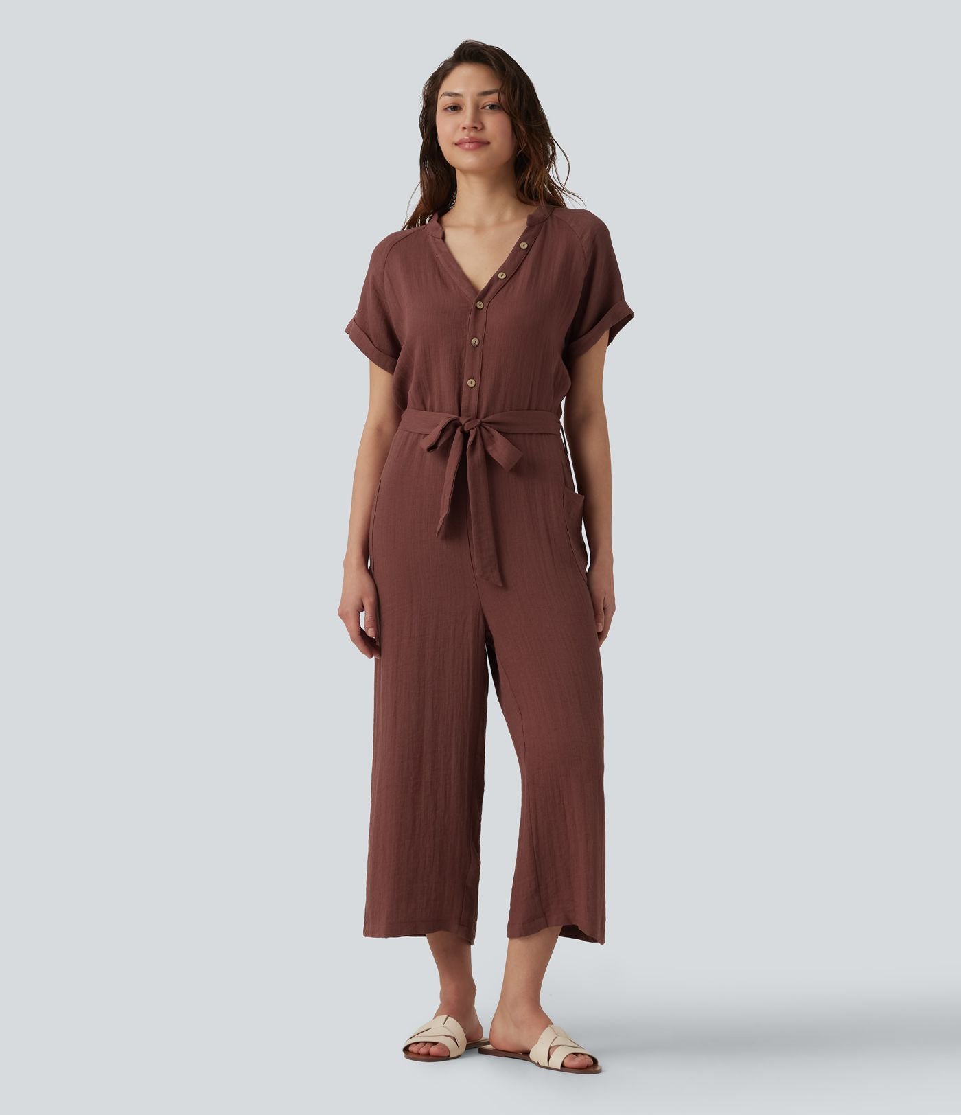 Combinaison courte ample col V manches courtes avec ceinture et poches