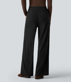 Pantalon décontracté droit en velours côtelé, taille haute, avec poches
