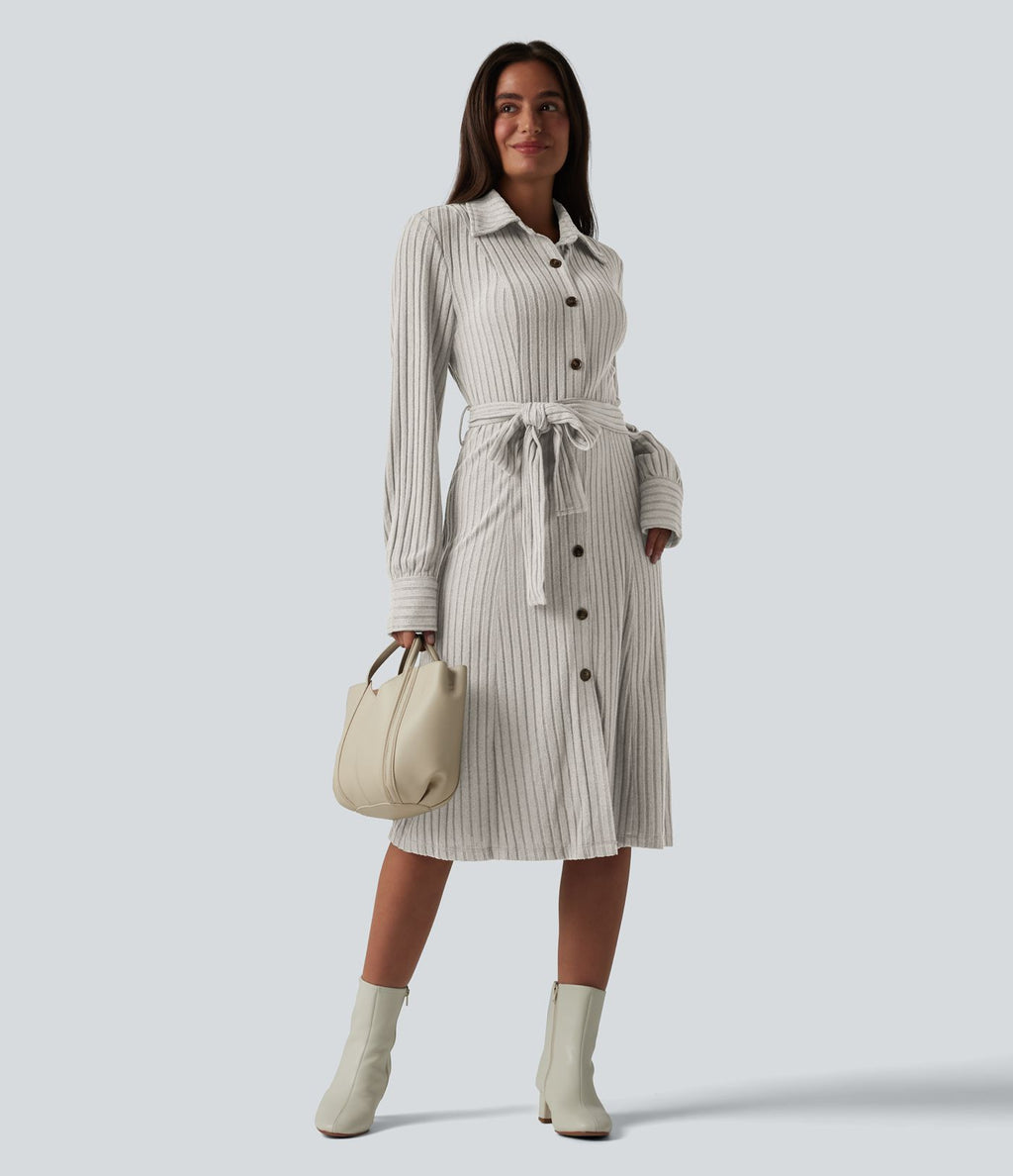 Robe de bureau mi-longue en maille côtelée à manches longues avec ceinture