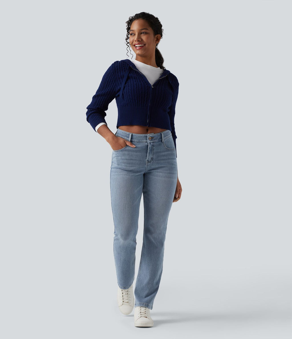Jean bootcut délavé Halara Flex™ taille basse avec bouton, fermeture éclair et poches multiples