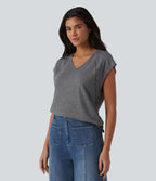 T-shirt casual chiné col V à manches courtes chauve-souris