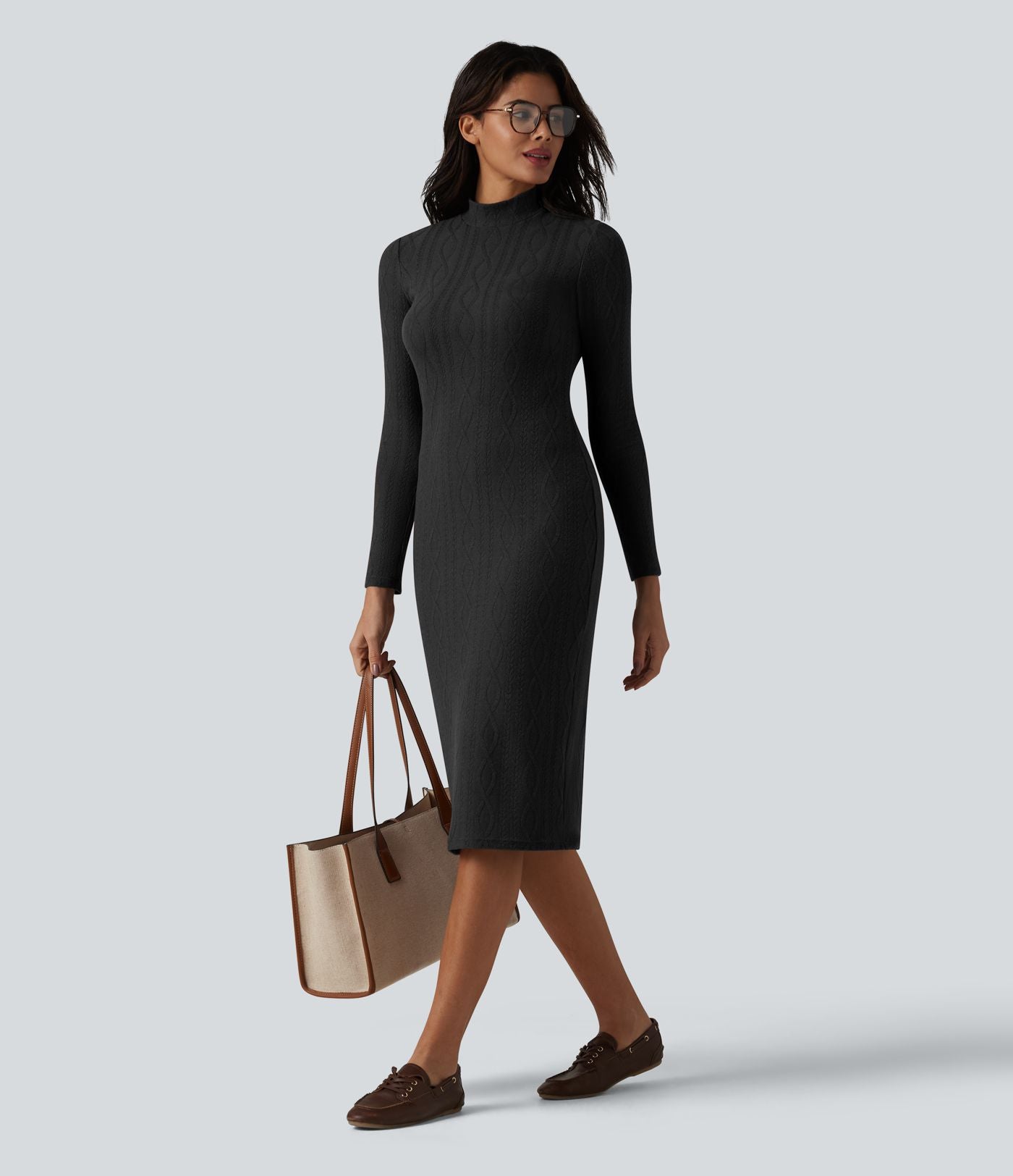Robe midi moulante tailleur à col montant et manches longues en maille torsadée