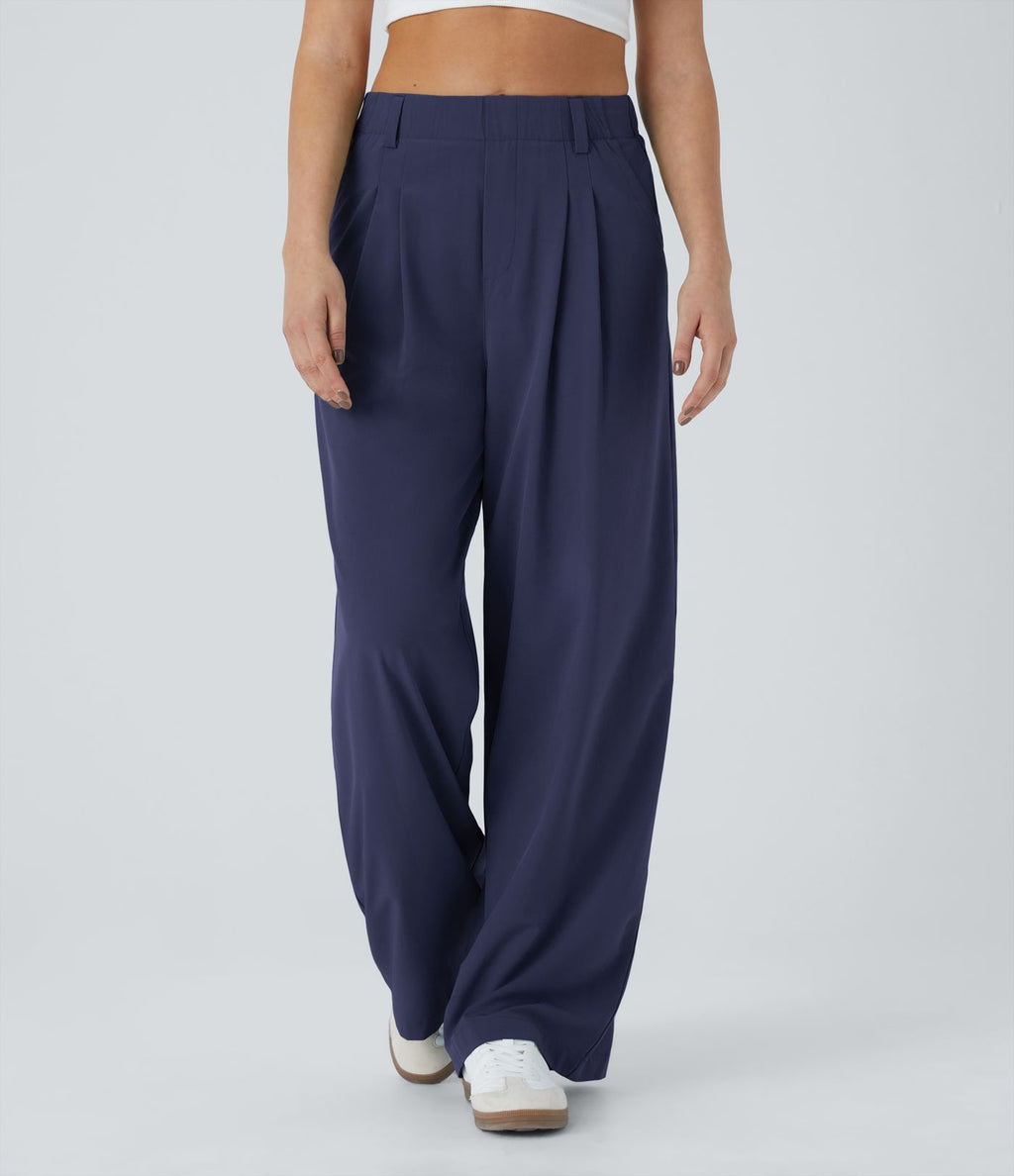 Breezeful™ Pantalon Large Fluide Taille Haute Poches Latérales Palazzo Solide Casual Linen-Feel