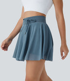 Jupe Casual Évasée Fluide 2 en 1 en Maille Contrastée Taille Haute Cordon de Serrage Poche Latérale