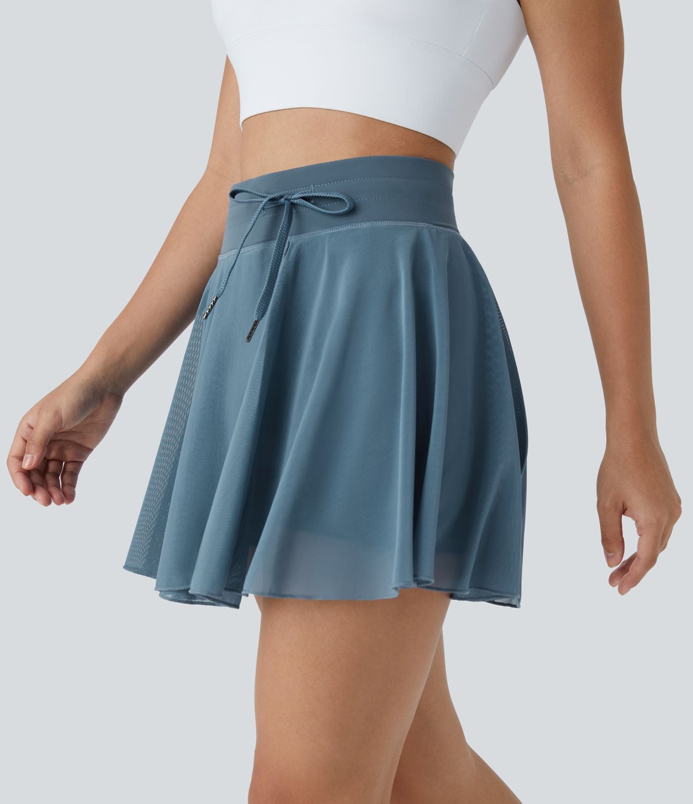 Jupe Casual Évasée Fluide 2 en 1 en Maille Contrastée Taille Haute Cordon de Serrage Poche Latérale