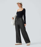 Pantalon décontracté large effet lin taille haute infroissable avec cordon et poches