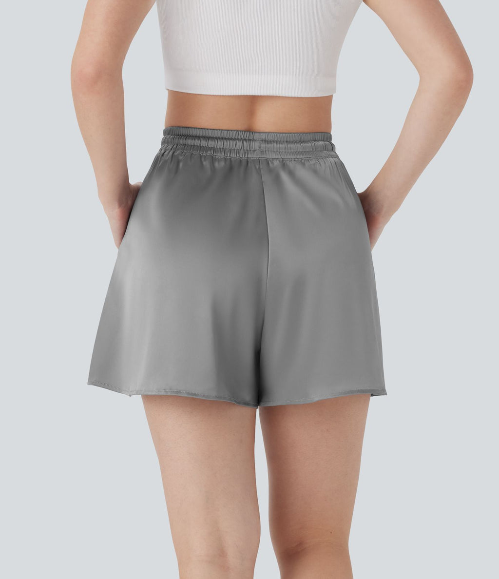 Short décontracté ample en satin à taille haute avec cordon de serrage et poches latérales