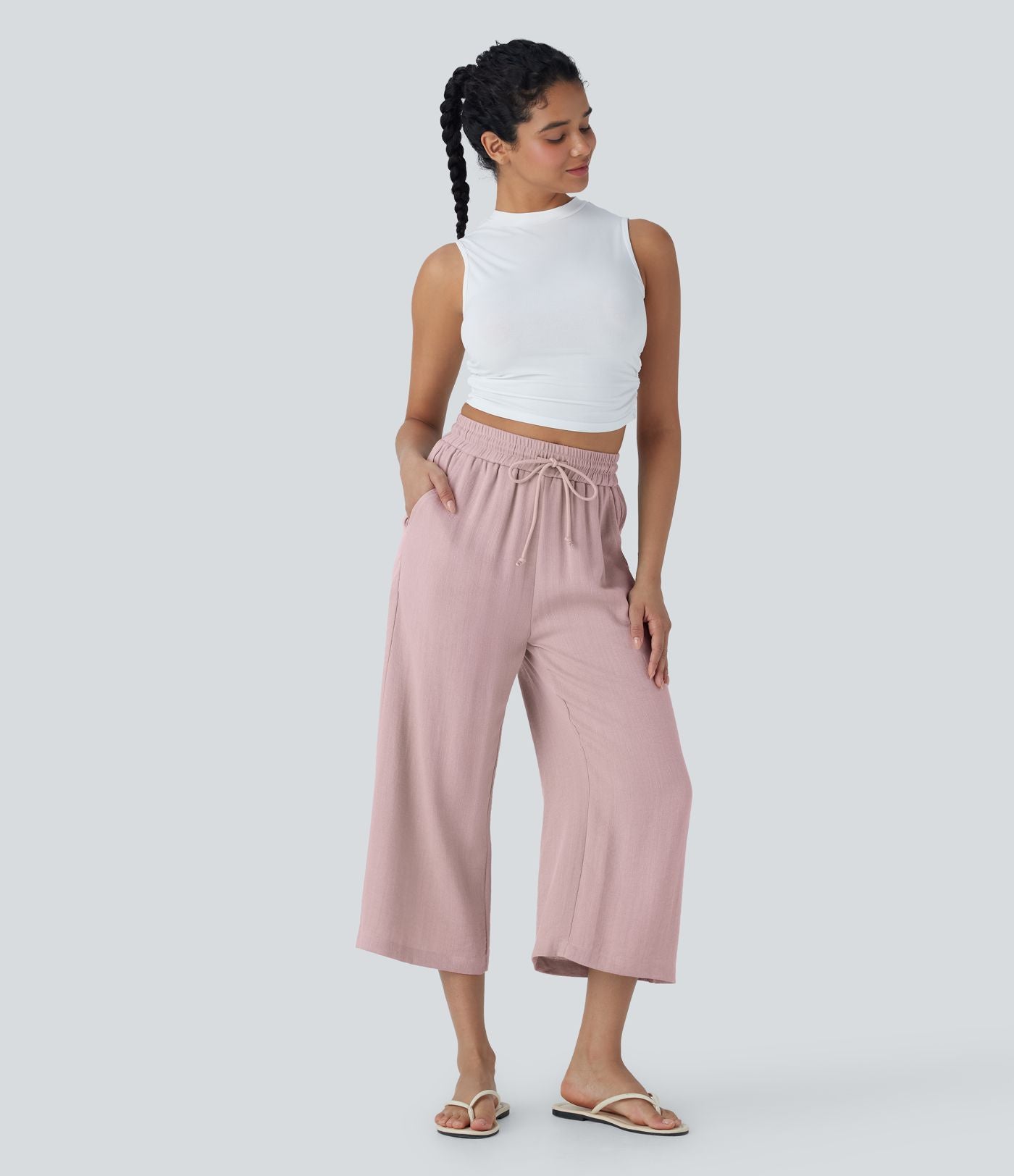 Pantalon décontracté aspect lin 7/8 à taille haute, jambe large avec cordon de serrage et poches latérales