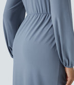 Robe de Soirée Mi-longue à Col V, Manches Longues, Plis et Ourlet Tulipe